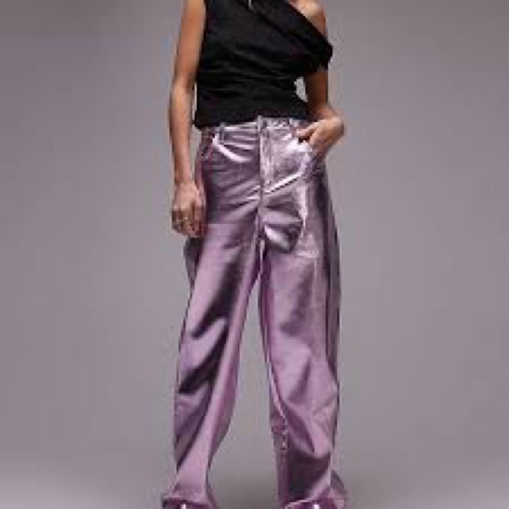 Topshop straight leg faux leather pants metallic pink women’s size 4 NWOT